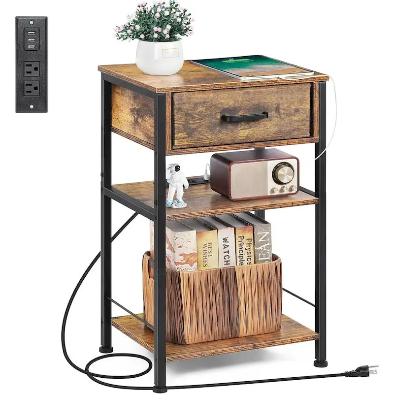 3-Tier Nightstand with Charging Station – White / Black / Oak / Brown / Grey, Single