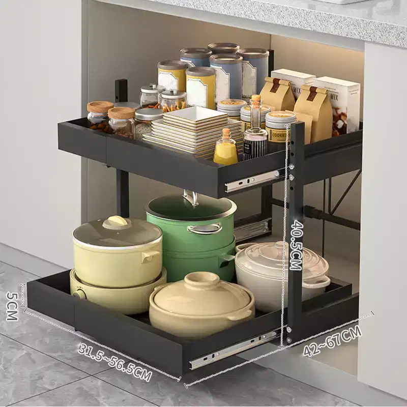 Kitchen Pull Out Drawers for Cabinets, 2-Tier Adjustable Slide Out Organizer, Under Cabinet Pots and Pans Storage Rack, Heavy-Duty Carbon Steel
