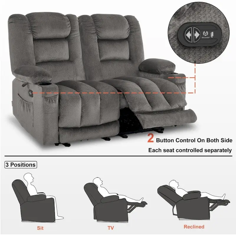 MCombo Power Reclining Loveseat Sofa with Heat and Massage, Fabric PR648