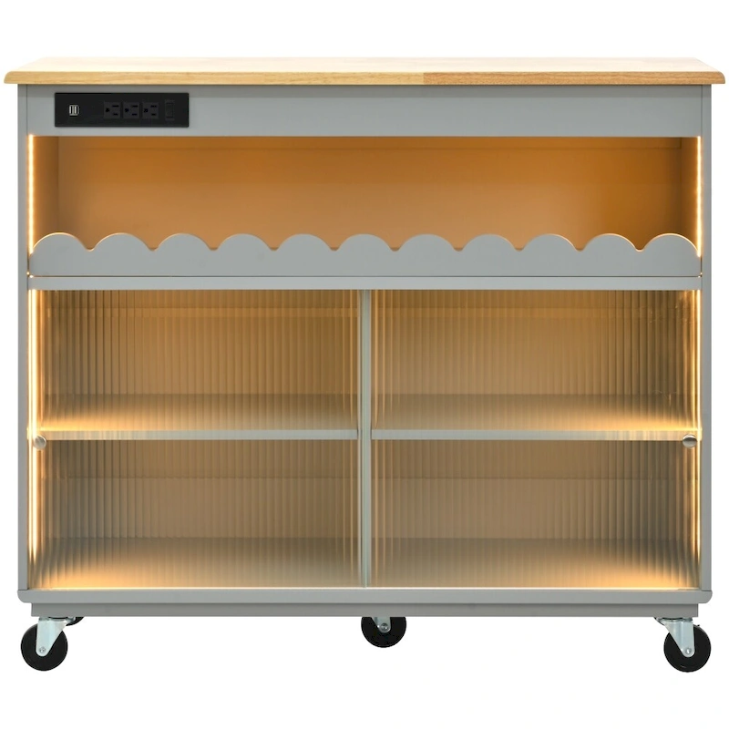 LED Light Kitchen Island on Wheels with Drop Leaf and Power Outlets