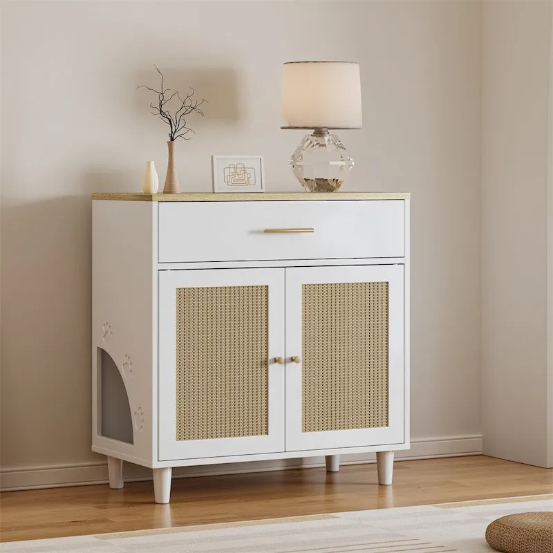White Cat Litter Box Enclosure Cabinet with Scratching Board, 1–2 Person Assembly