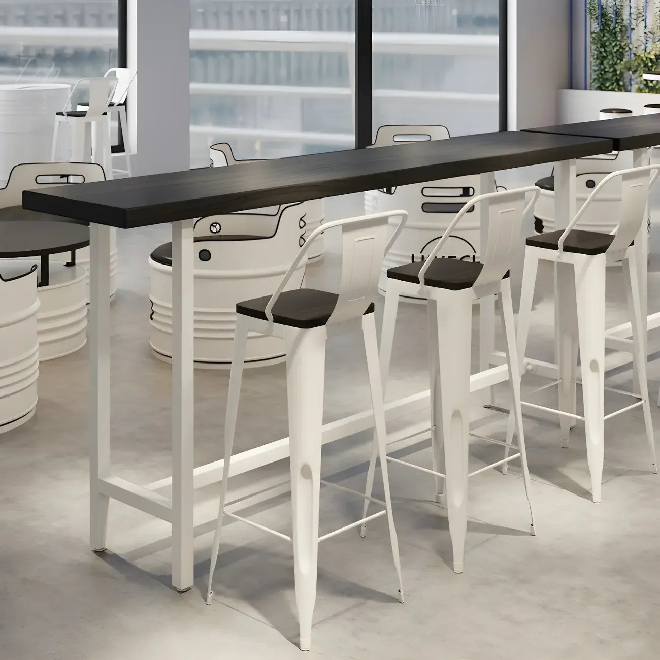 Industrial Black Wood Top Metal Trestle Base Bar Table