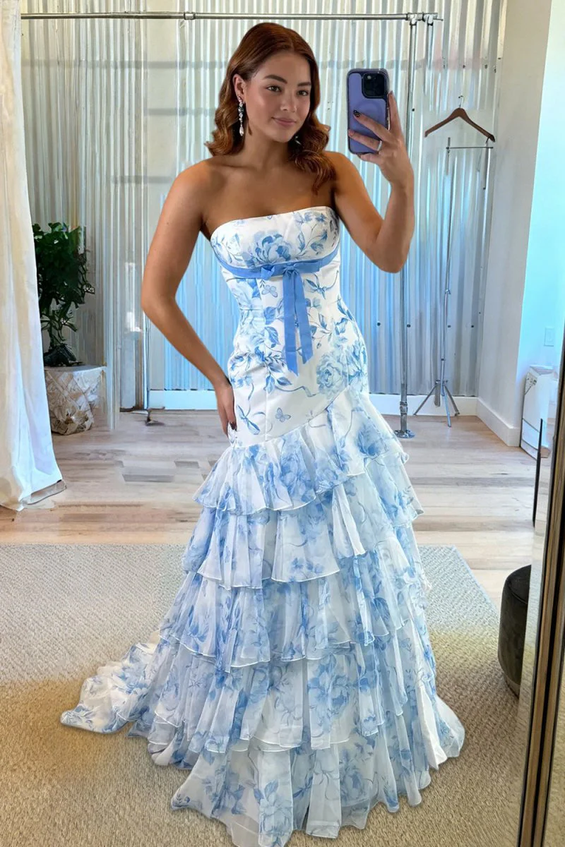 Blue Sheath Strapless Chiffon Ruffled Prom Dresses With Bow