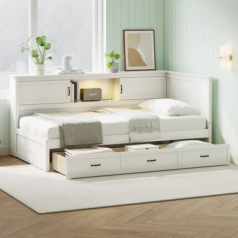 White L-Shaped Corner Daybed with Storage, LED & USB, Twin/Full