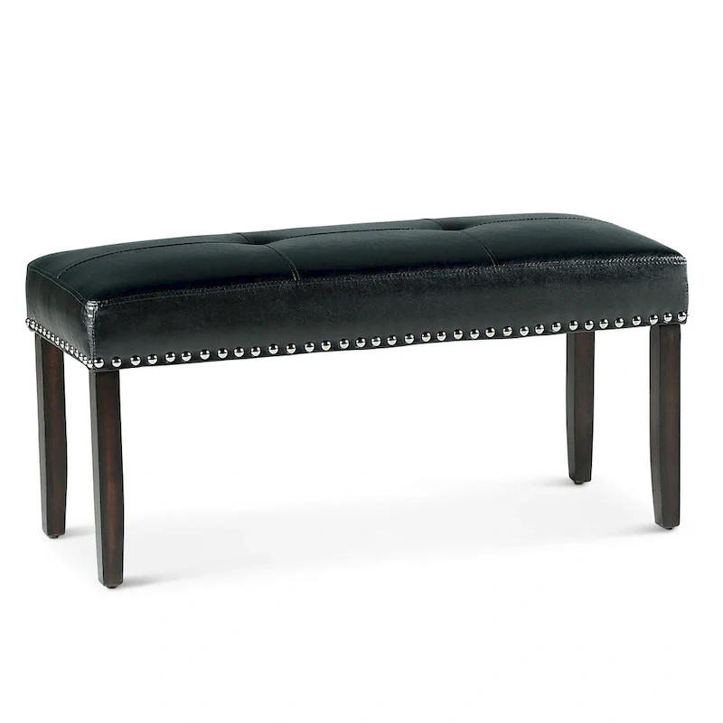 Black Faux Leather Dining Bench with Chrome Nailheads