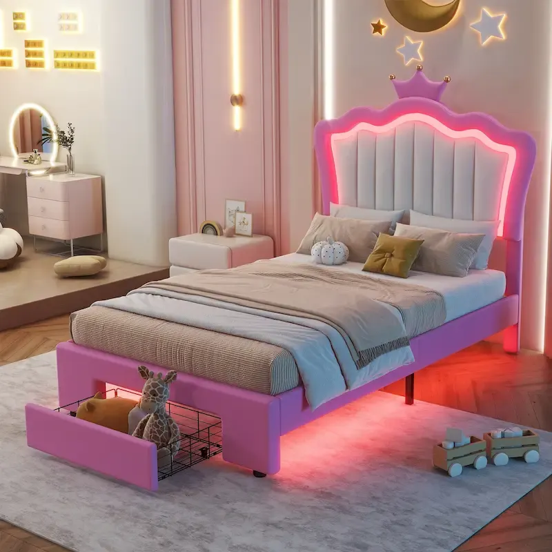 Twin Size Upholstered Bed Frame with LED Lights, Modern Upholstered Princess Bed with Crown Headboard, a Drawer, Pink+White