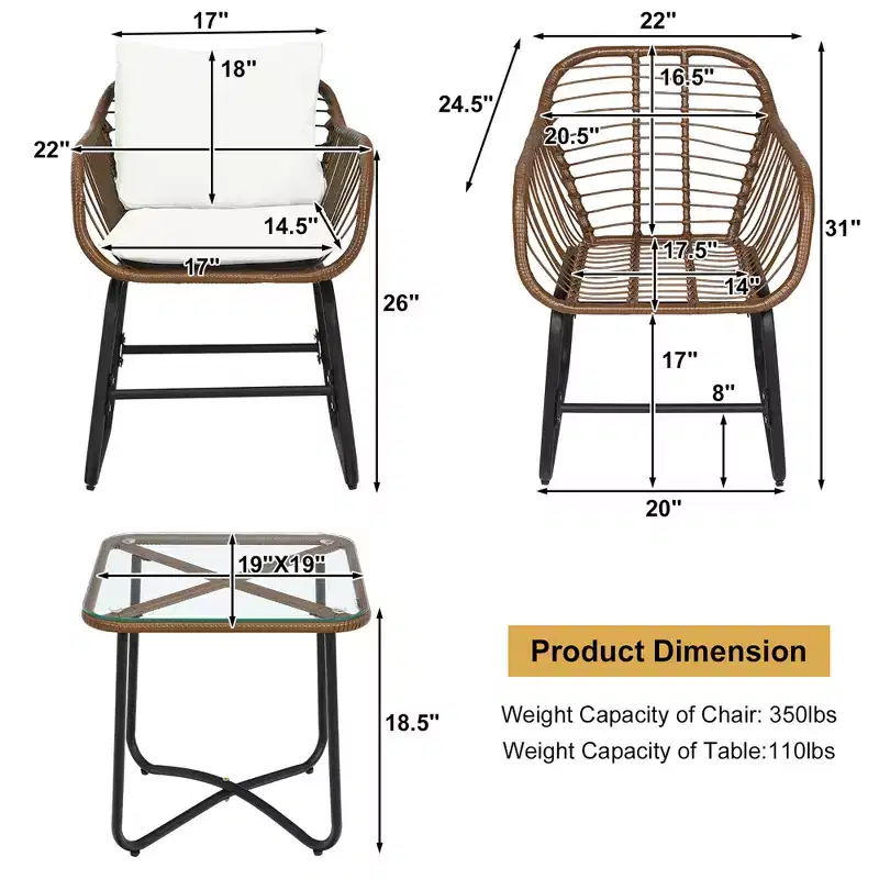 Costway 3PCS Patio Rattan Bistro Set Cushioned Chair Glass Table Deck White\Turquoise
