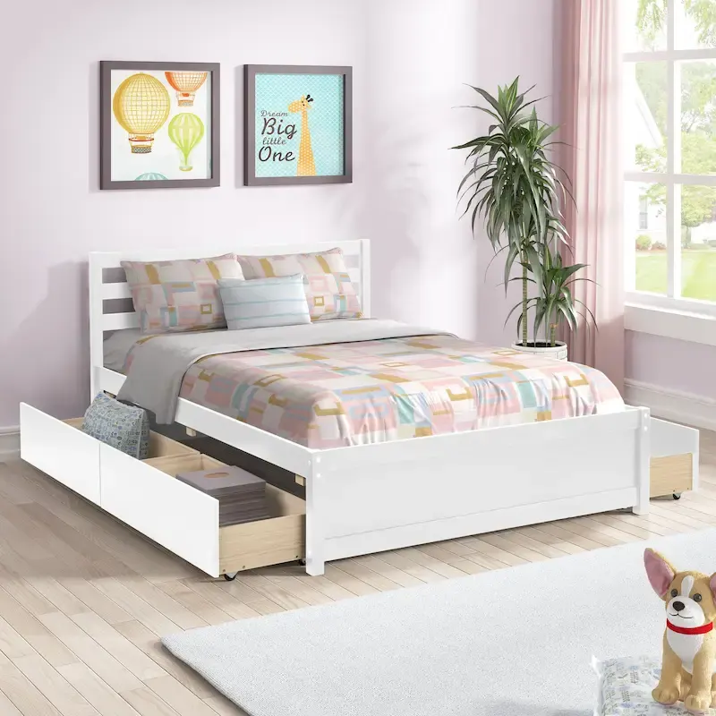 Full Size Wood Platform Bed Frame with 4 Storage Drawers