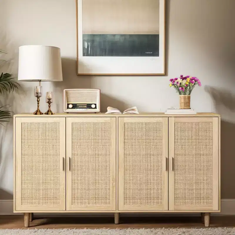 JVNOXK 62.20-inch Elegant and Practical Four-Door Rattan Decorative Storage Cabinet, Suitable for Bedrooms and Living Rooms, Natural Color