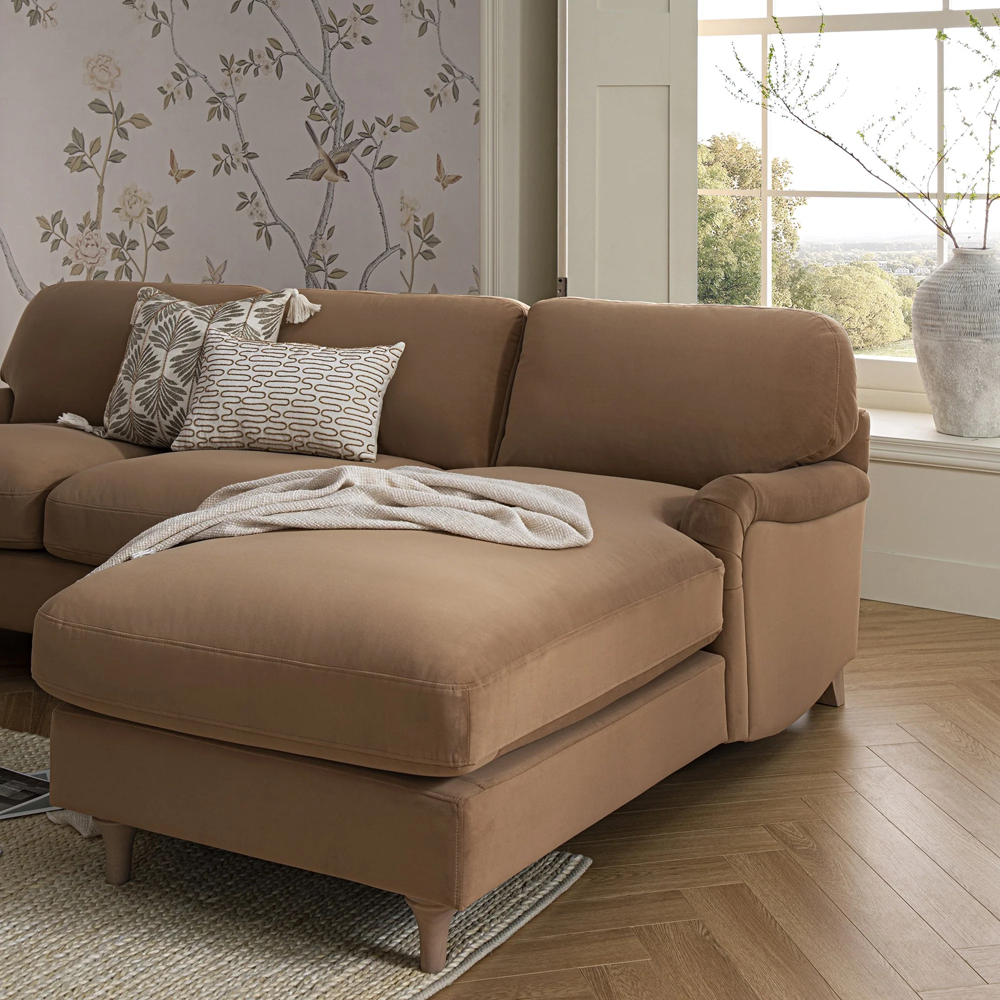 Camel Velvet Sofa, Grande Chaise Sofa Right Hand Facing