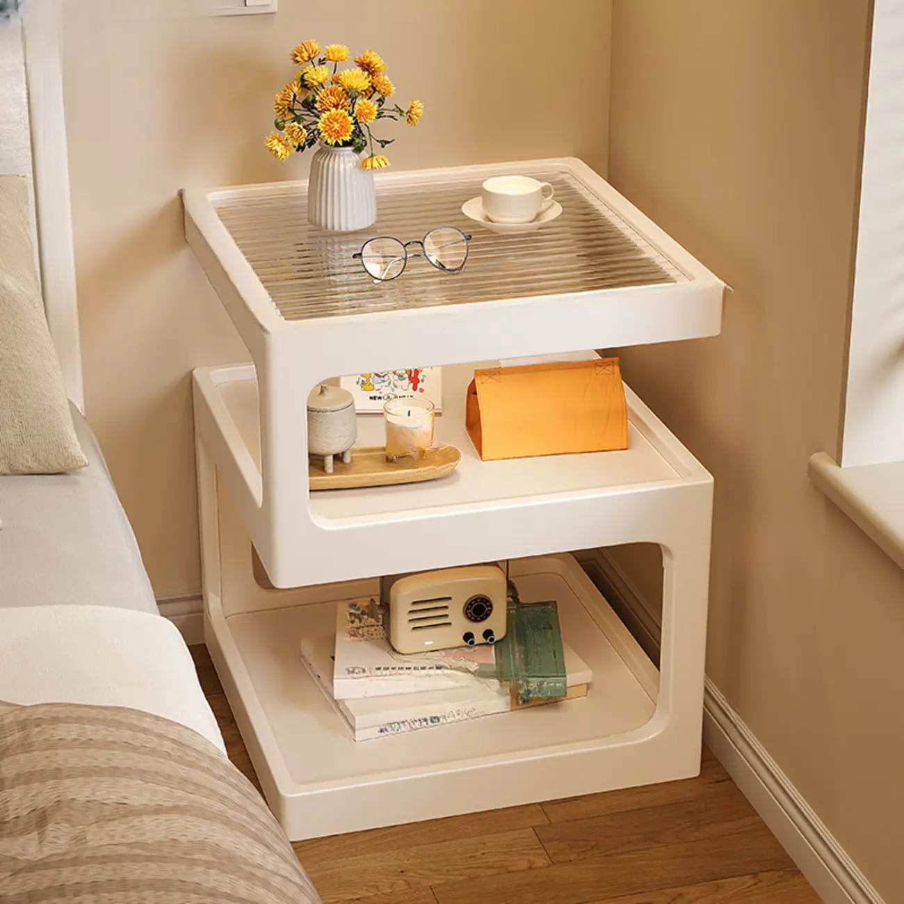 Elegant Narrow 3-Tier Natural Wood Nightstand with Glass Top