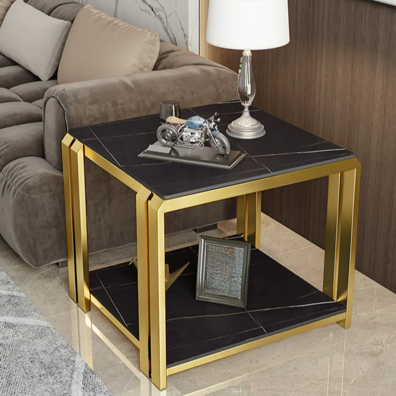 Gold-Black 2-Tier Stone Top Square Metal Frame Side Table