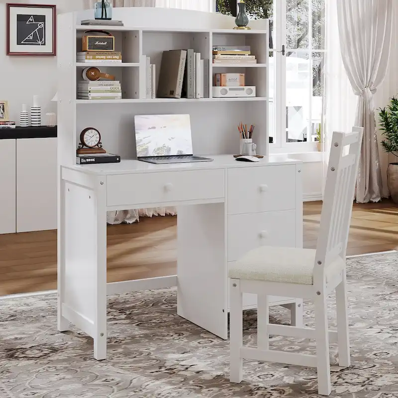 White / Espresso Retro Writing Desk with Chair, 4 Drawers & Bookshelf, Single-Person