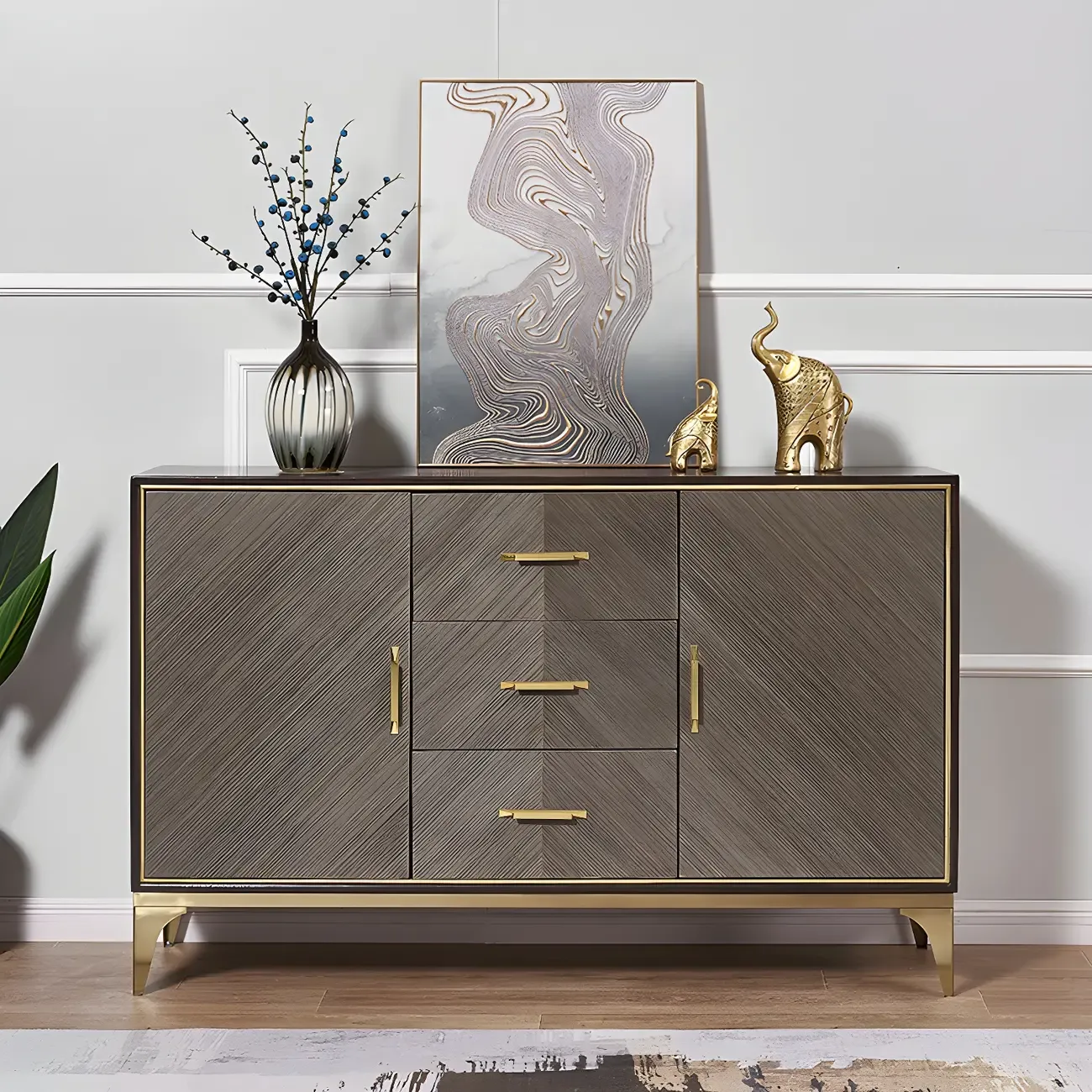 Glam Wooden Sideboard with Drawers & Adjustable Shelves
