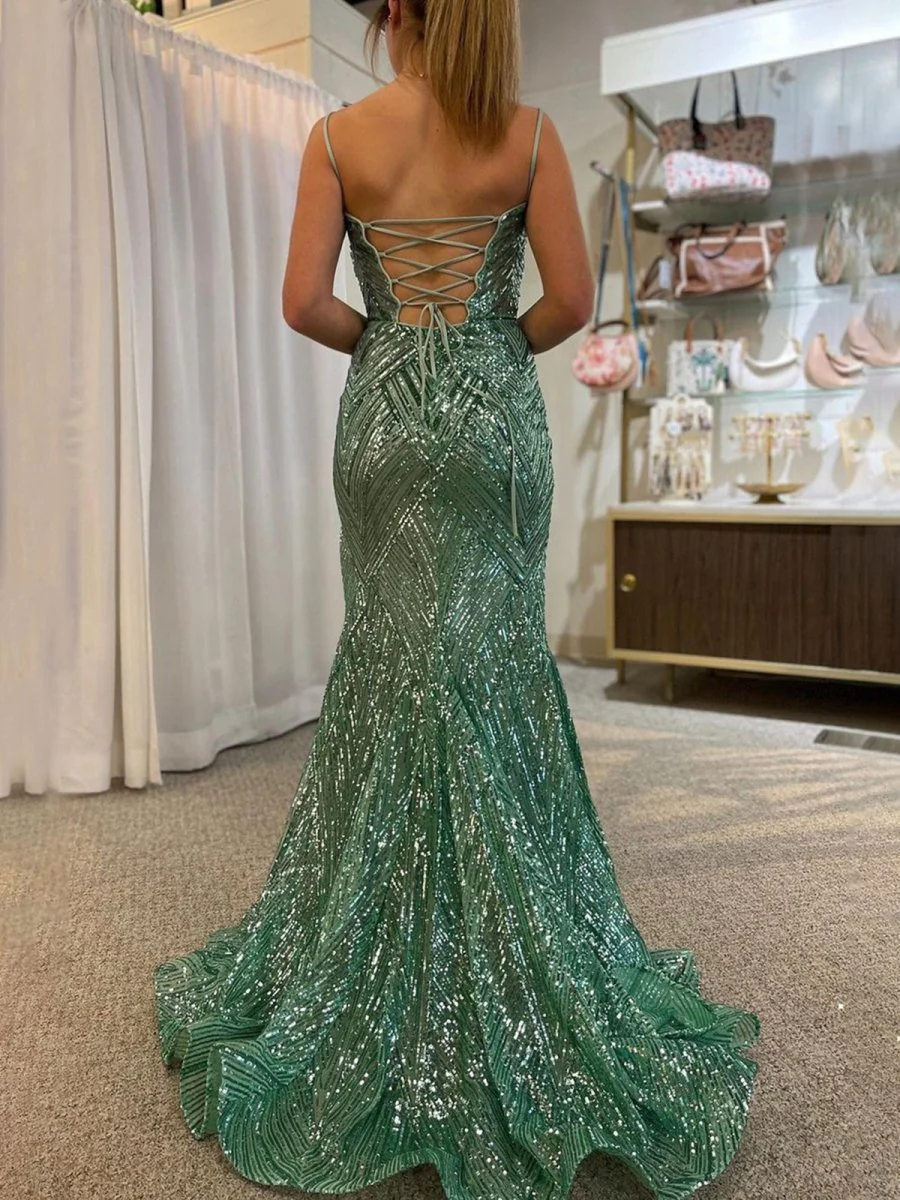Green Spaghetti Straps Sequins Mermaid Prom Dress with Slit