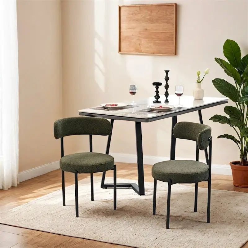 White / Grey / Green / Brown Mid-Century Modern Velvet Dining Chair with Curved Backrest & Black Metal Legs, Set of 2