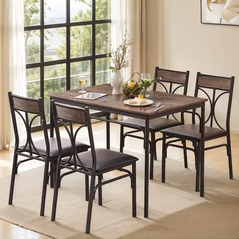 5-Piece Dining Table Set with 4 Upholstered Chairs, Brown