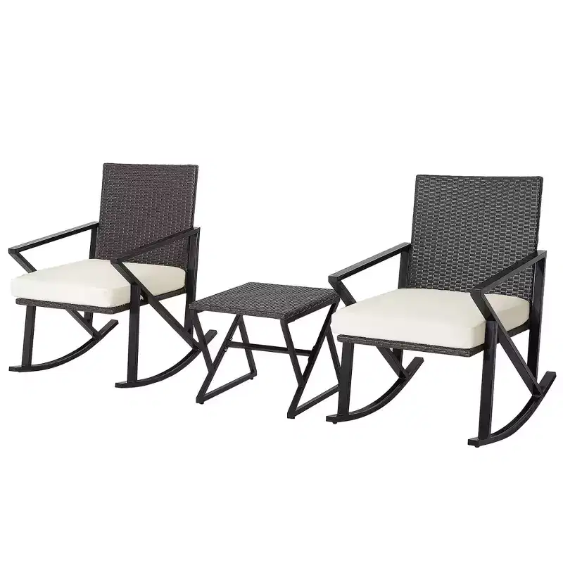 Costway 3PCS Patio Rattan Wicker Rocking Chairs Table Bistro Set Cushioned Rocker Garden