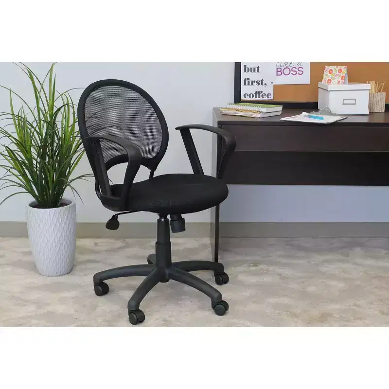 Mesh Chair with Loop Arms Black - Boss Office Products: Swivel, Adjustable, Ergonomic Design, Nylon Base