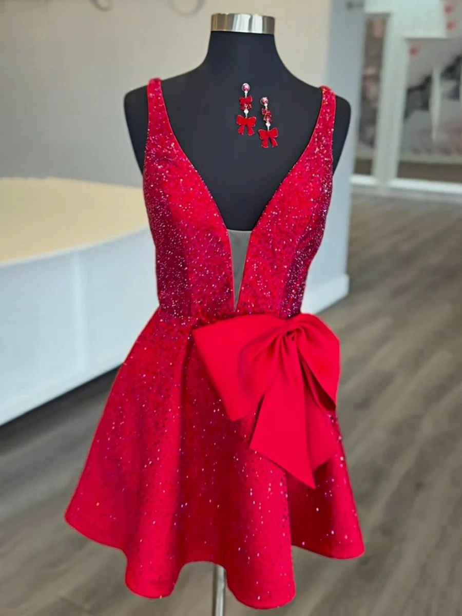 Red - V Neck A Line Satin Beaded Short Homecoming Dresses With Bow