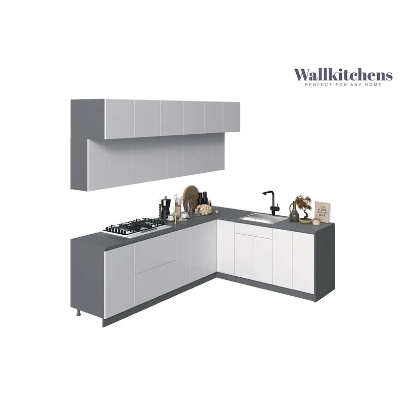 White Gloss Modern Kitchen Cabinet Set, 9 ft Wide