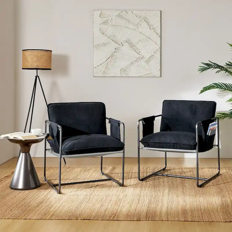 Modern metal-framed armchair with storage pocket