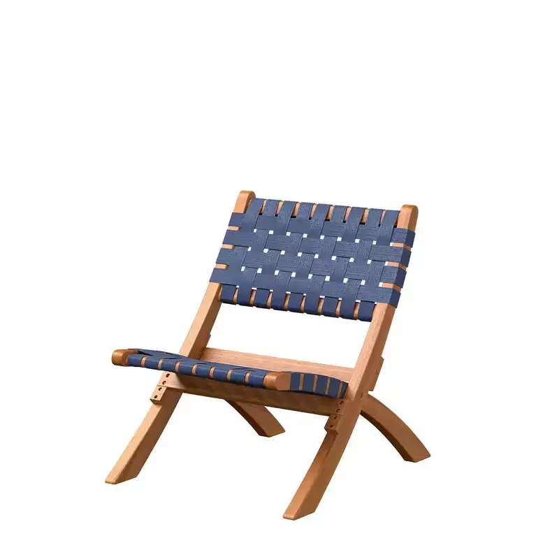 Balkene Home Sava Indoor Outdoor Folding Chair Low Slung Portable Seating Solid Acacia Wood Woven Seat - Navy Blue Webbing