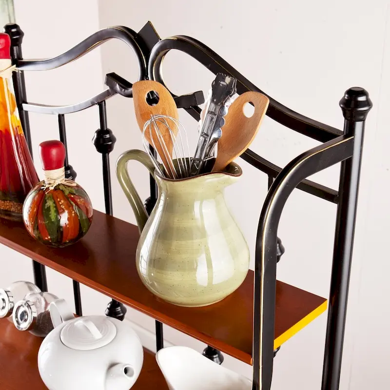 Black Baker's Rack with Rattan Baskets and Mission Oak Shelves