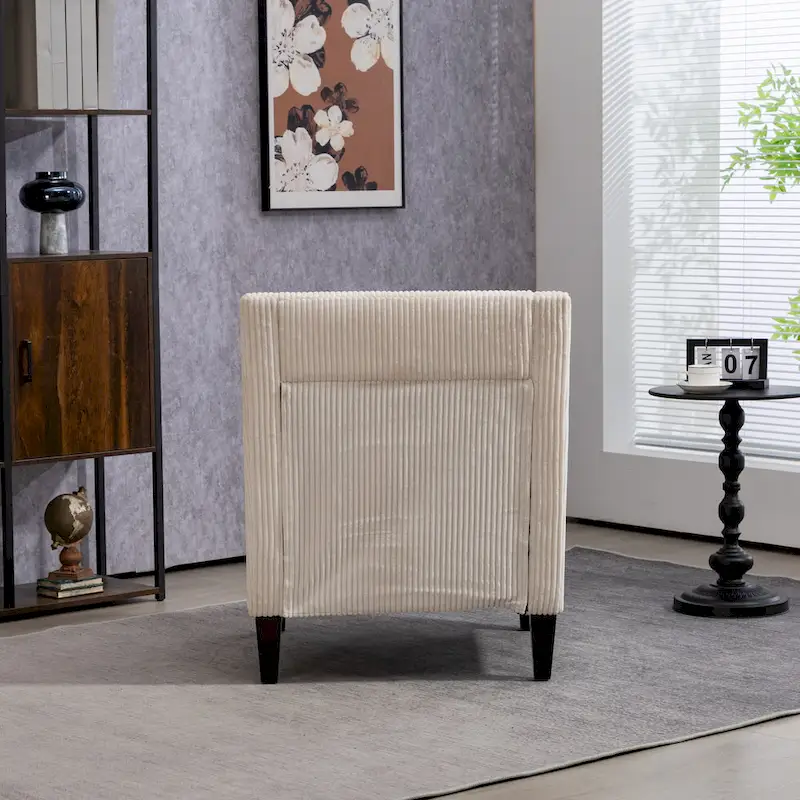 Beige Upholstered Accent Arm Chair with Scooped Arms and Rubber Wood Legs