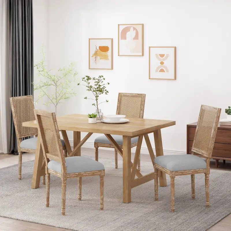 Natural Wood and Cane Upholstered Dining Chairs for 4 People