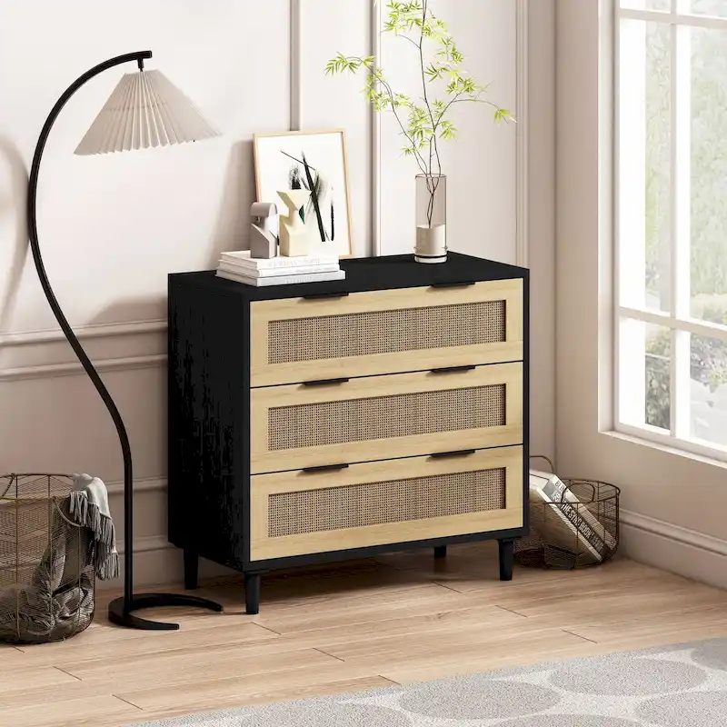 Black 3-Drawer Rattan Dresser, Single