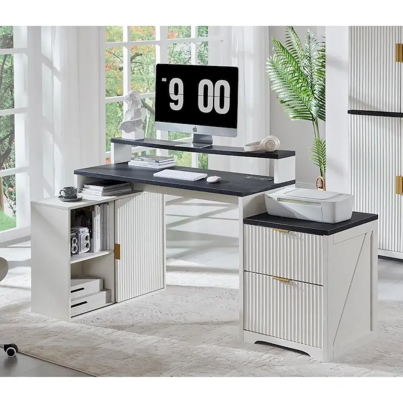 67 Modern L Shaped Desk, Wood Home Office Desk with Charging Station