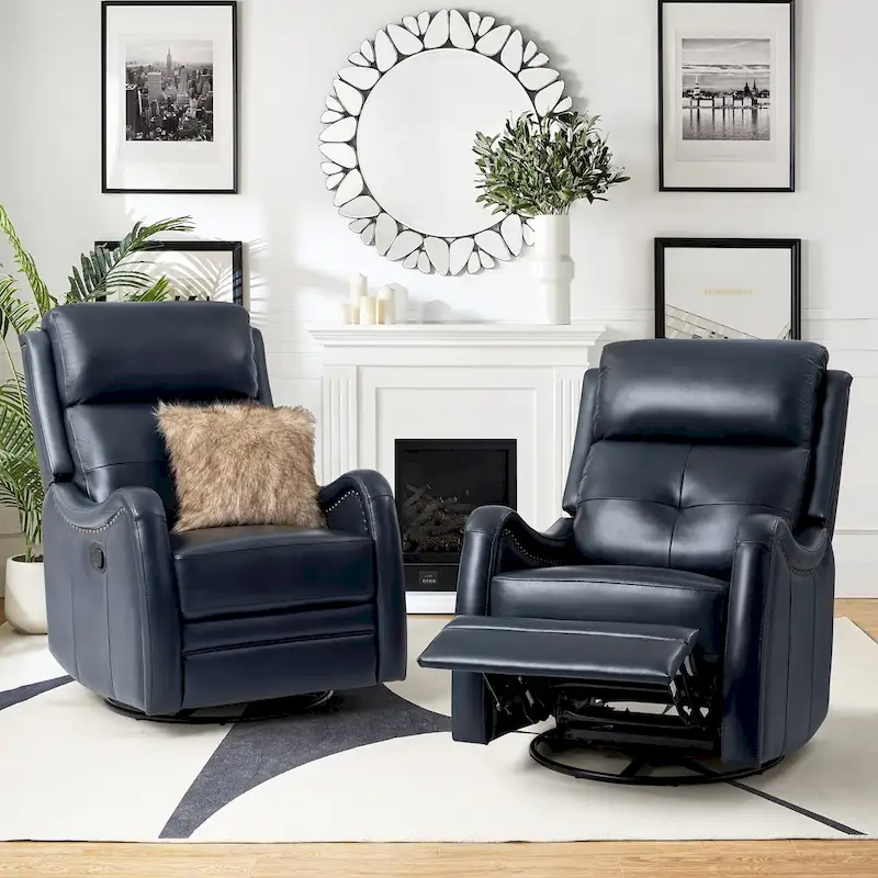 FrancoModern Genuine Leather Swivel Rocker Recliner with Nailhead Trims Sets of 2 by HULALA HOME