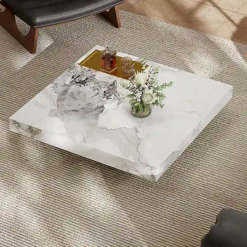 Modern 42 Faux Marble Square Coffee TableGlossy Sintered Stone Tabletop