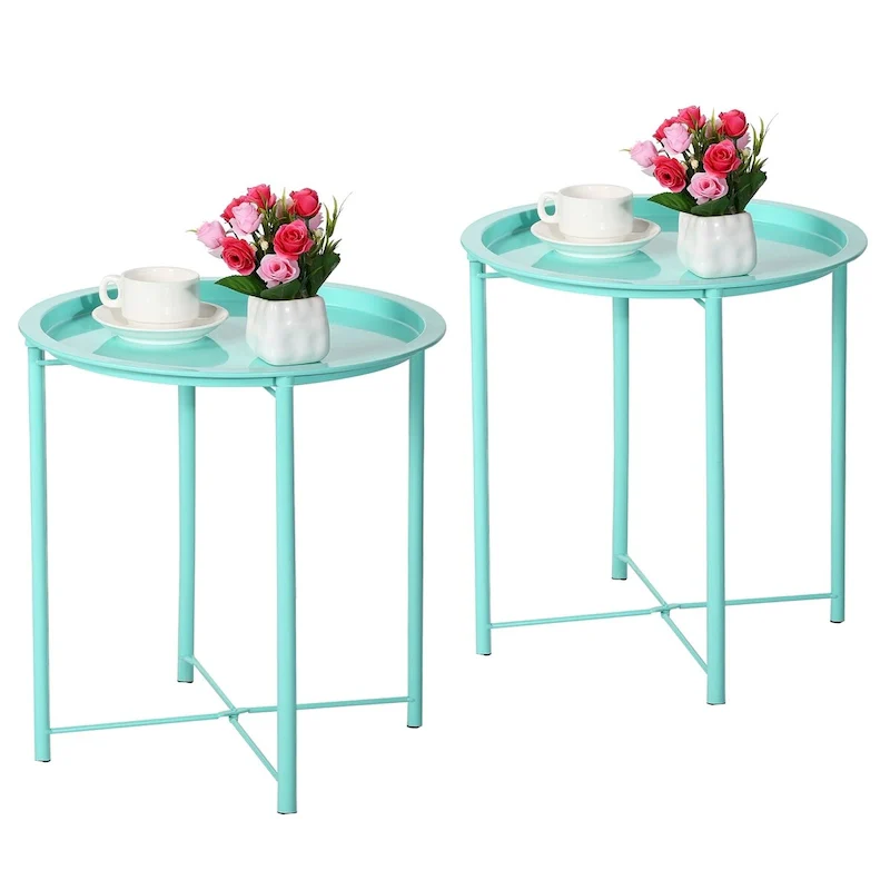 Folding Round TV Tray Tables, Small Round Steel Side Table, No Assembly Required - 18.5 x 18.5 x 19.7 in