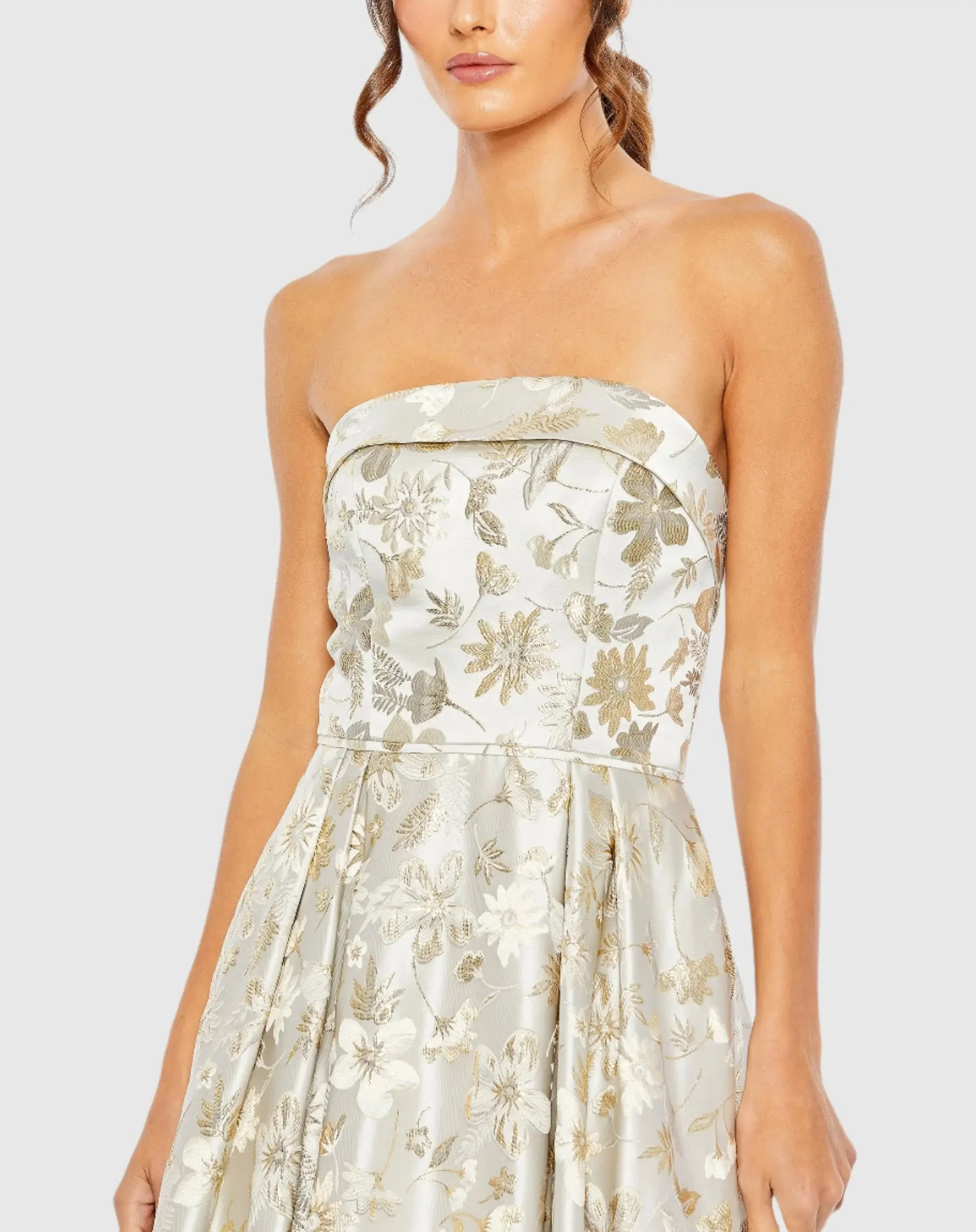 White and Gold Brocade Strapless Golden Floral High Low Gown