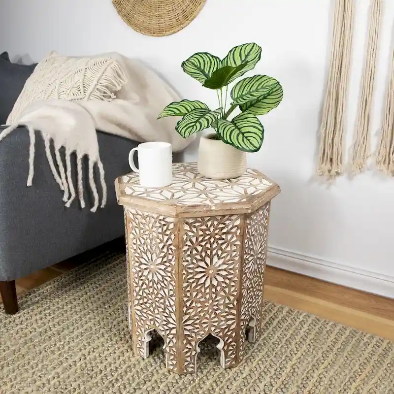 Brown & Brushed White Octagonal Side Table, Single