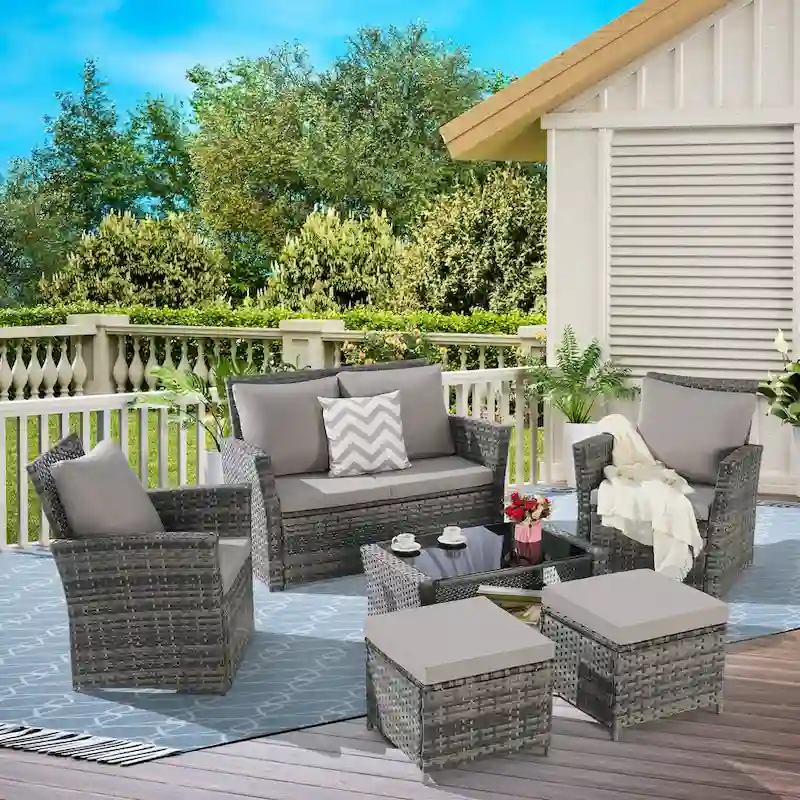6 Piece Wicker Patio Furniture Sets with Tempered Glass Coffee Table & Ottoman