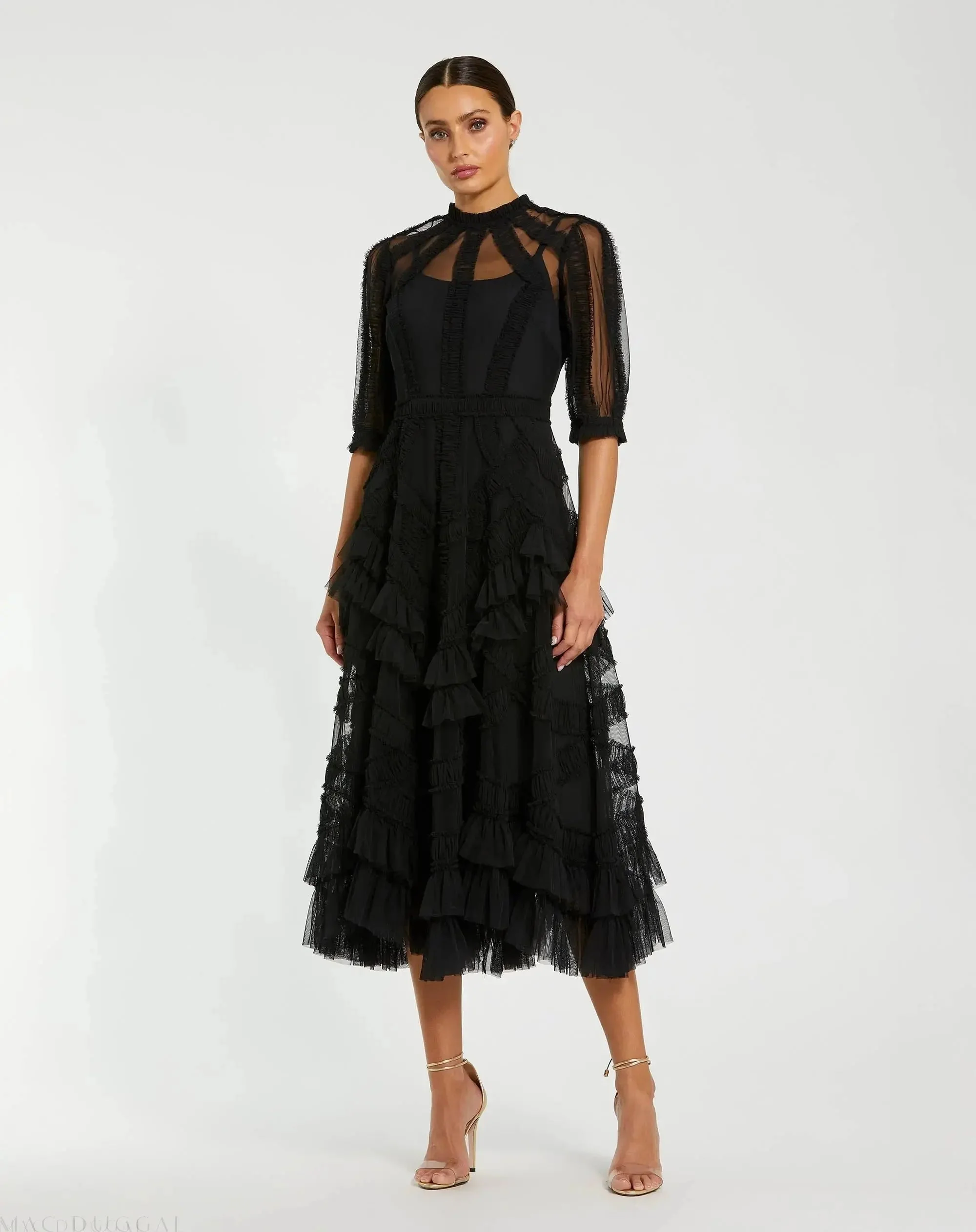 Black High Neck Ruffle Tiered A-Line Midi Dress