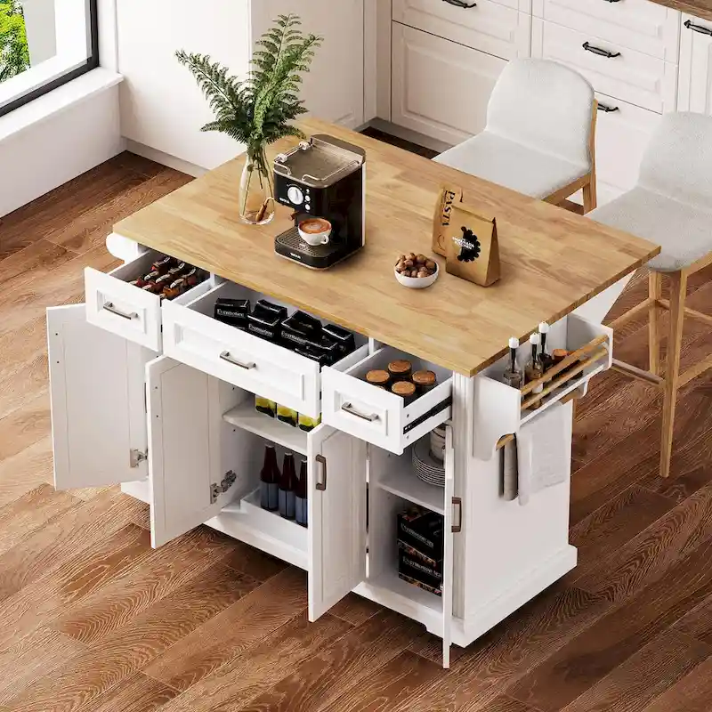 White Rustic Rolling Kitchen Island with Rubberwood Drop Leaf, 3 Drawers & 4-Door Cabinet – 1-Piece