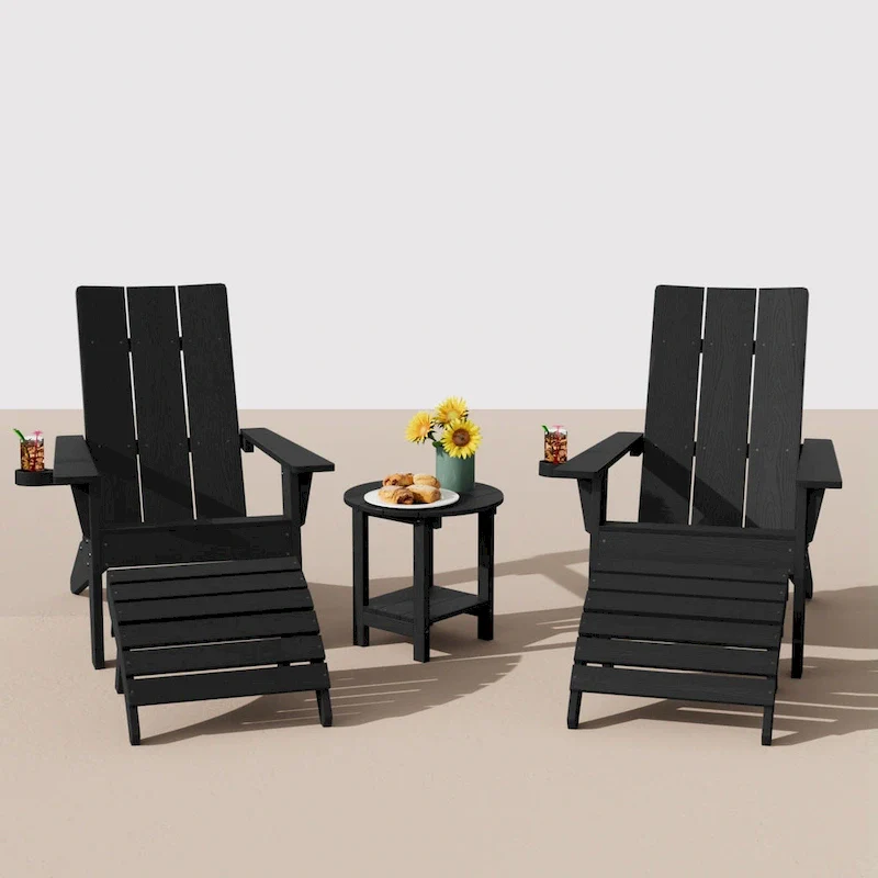 Winsoon 5-Piece All Weather HIPS Outdoor Adirondack Chair Set with Cup Holder, 2 Ottomans and 1 Side Table