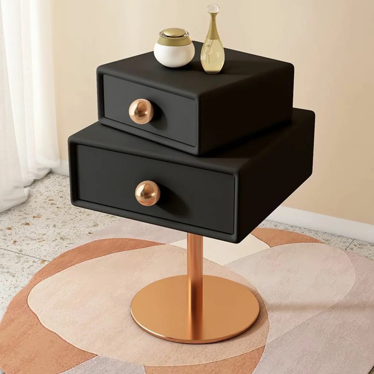 Modern Metal Faux Leather Swivel 2-Drawer Nightstand