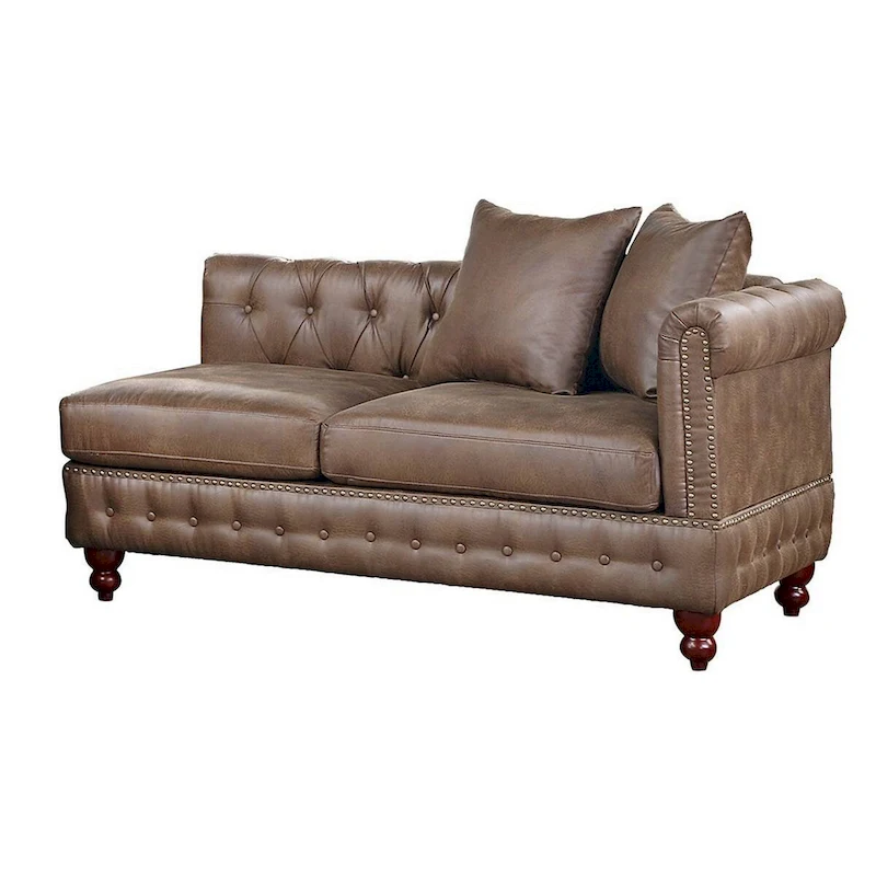 Simi 61 Inch One Arm Chaise, 2 Pillows, Nailhead Trim, Brown Faux Leather