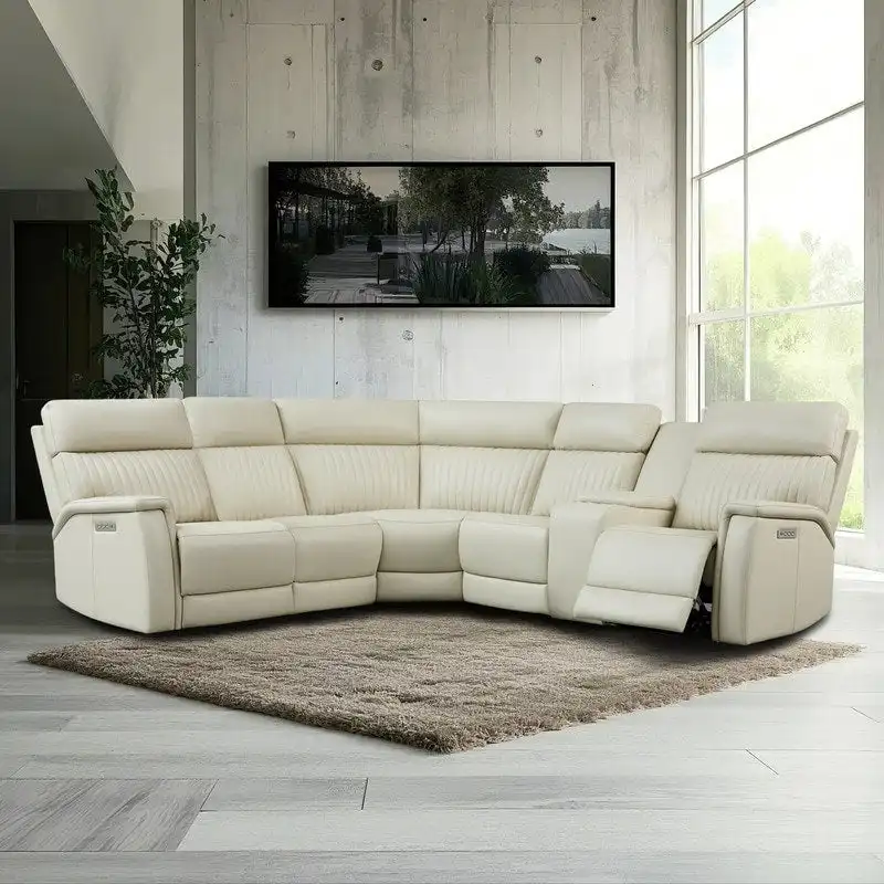 Genuine Leather Power Recliner Sectional Sofa with Console, Ajustable Headrest, USB&USB-C Port