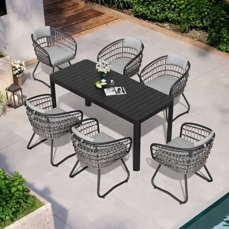 7/9PC Outdoor Aluminum Expandable Patio Dining Set Extension Table with Rattan Chair
