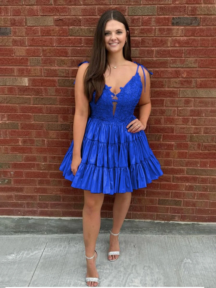 Royal Blue - V Neck Satin A Line Ruffles Homecoming Dresses With Appliques