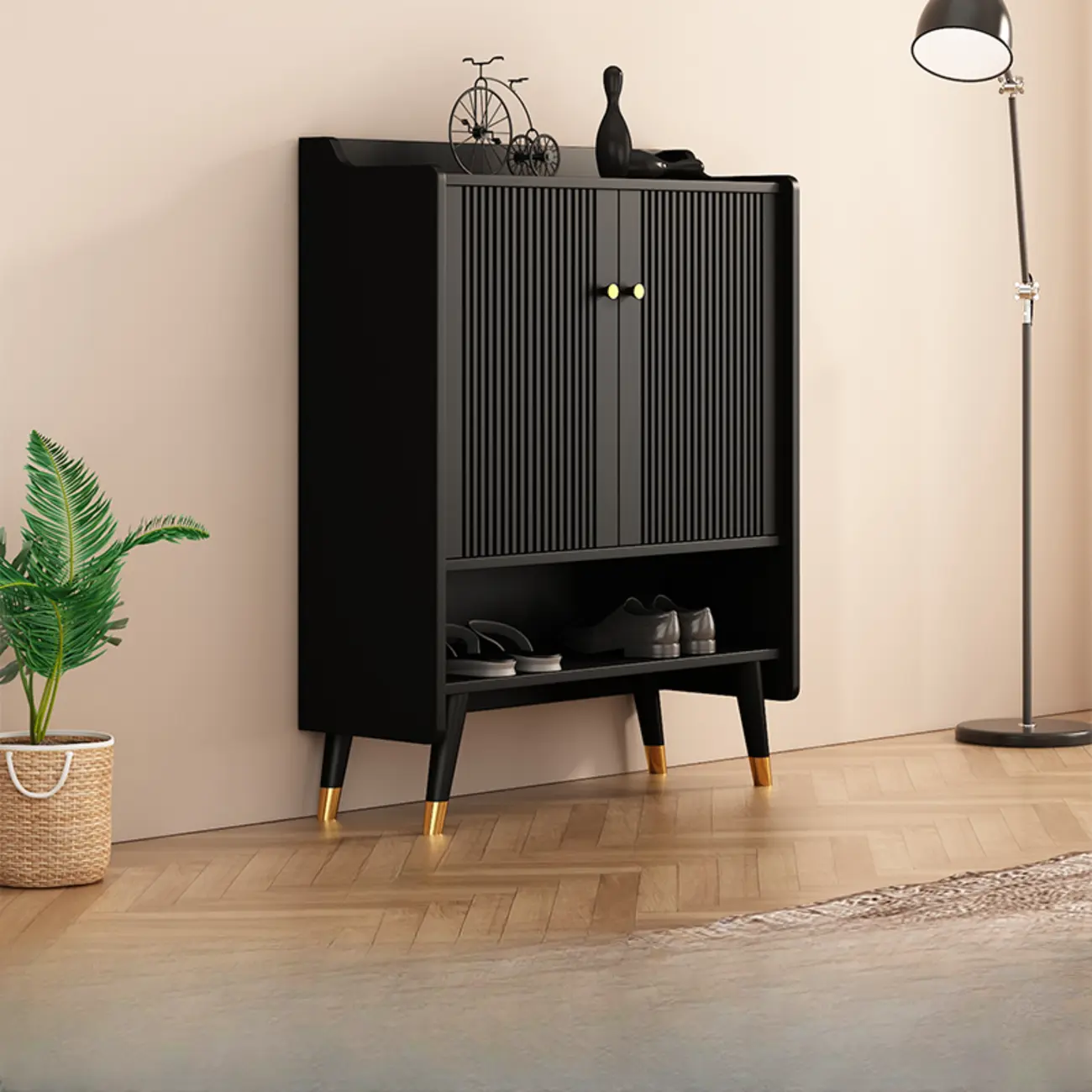 Entryway Black Wooden Shoe Cabinet with Doors