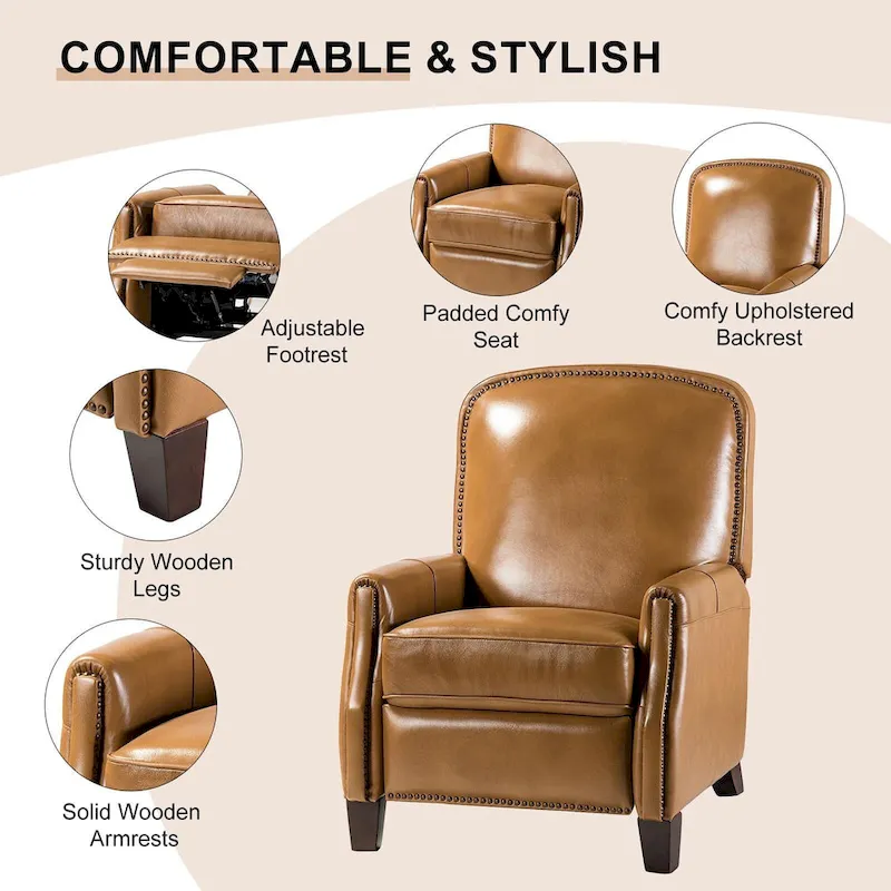 Modern Retro Genuine Leather Recliner with Nailhead Trim & Wooden Frame