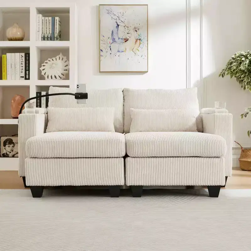 MAYEERTY Convertible Chaise Loveseat Sofa Bed Corduroy Sleeper Sofa with Ports Two Cup Holders for Living Room Beige
