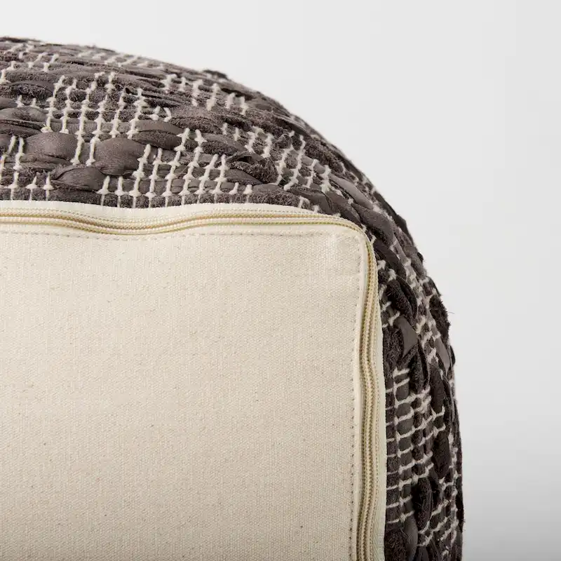 Mercana Falguni Grey Patterned Leather & Cotton Square Pouf